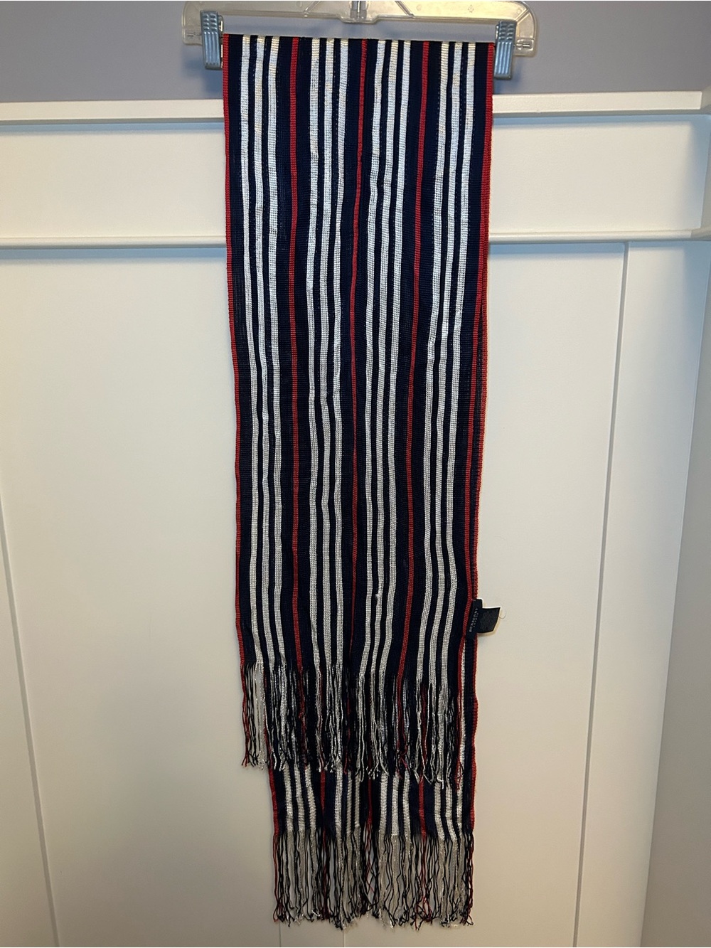 Burberry Navy, White & Red Striped Fringed Scarf
